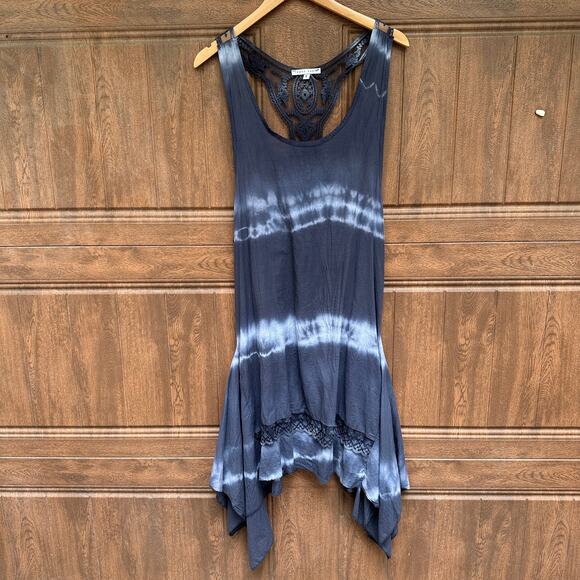 Tempo Paris Dress Blue Tie Dye Flowy Gauze Beach Coverup Handkerchief Hem S - Picture 3 of 9